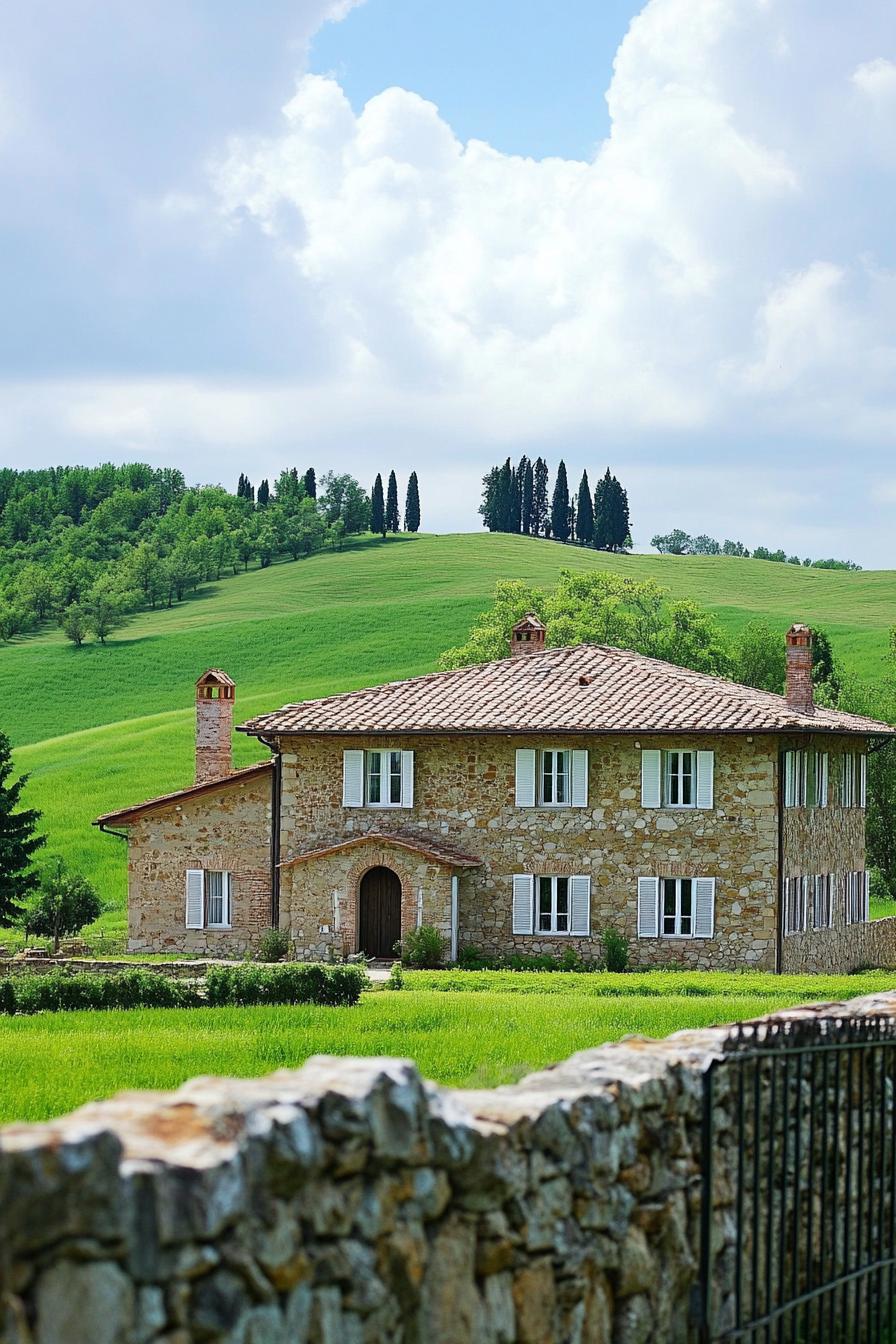 countryside Tuscan stone house with white windows large stone fence green hills in the background with trees