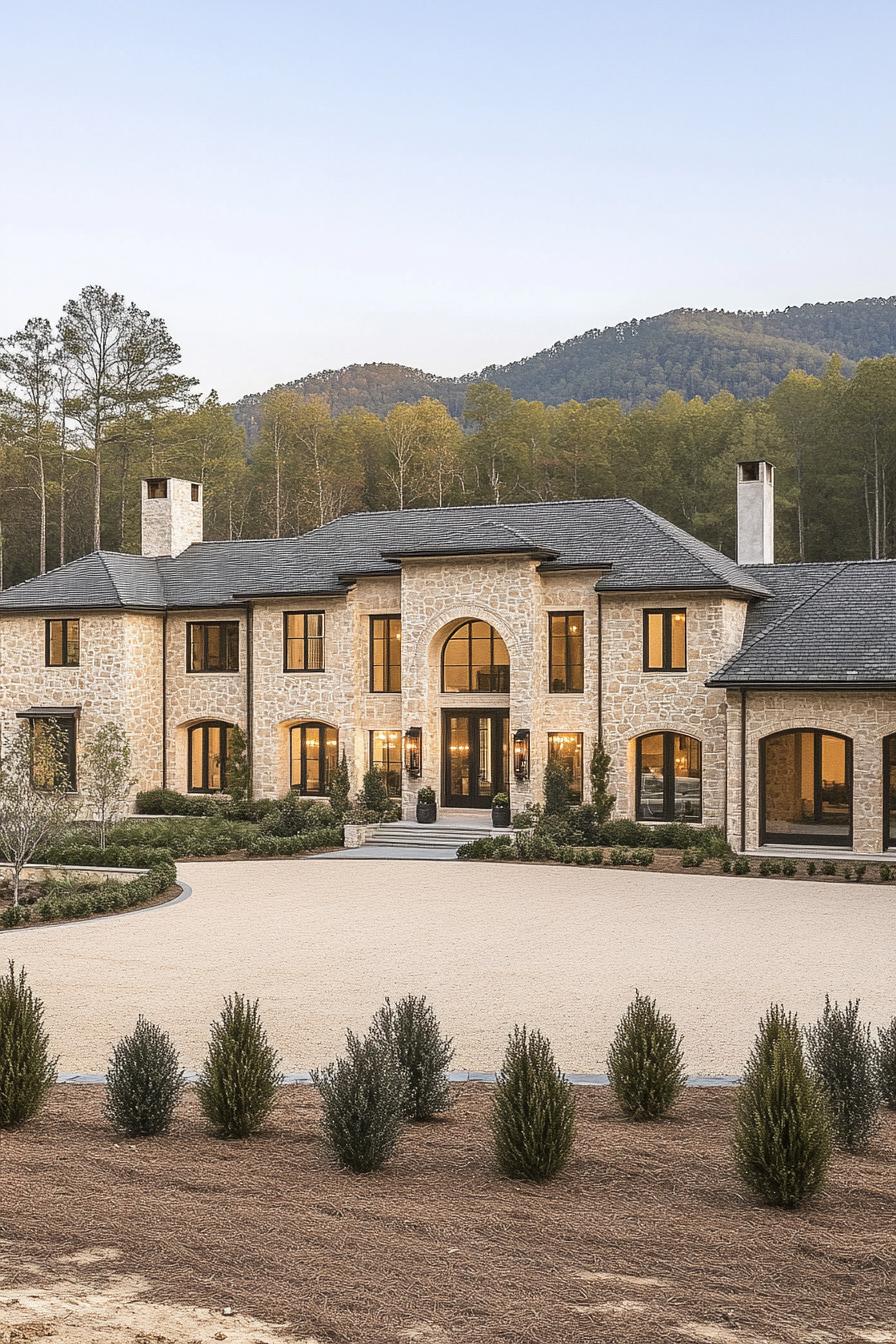 Expansive stone mansion with large windows and lush greenery