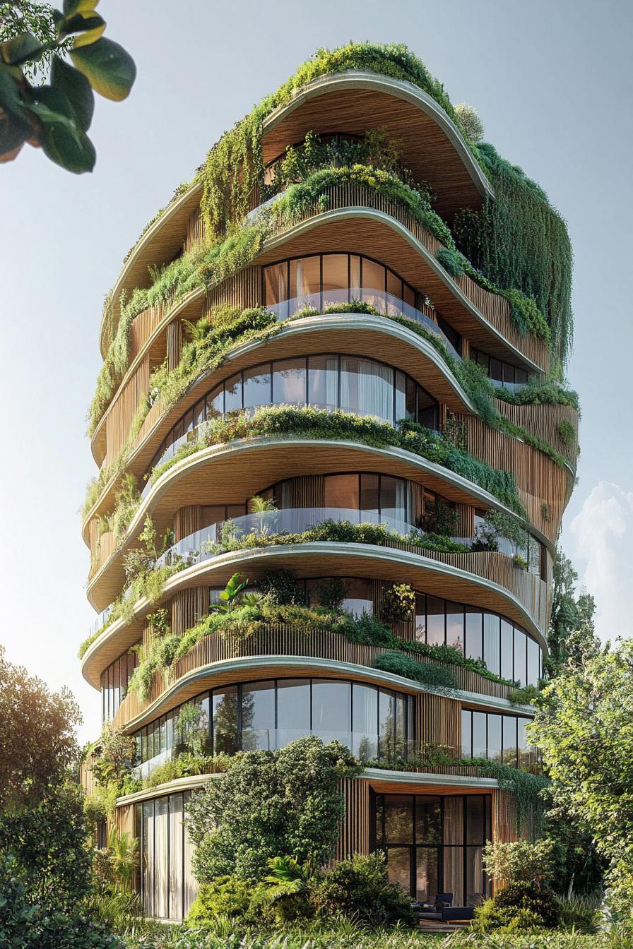 curved modern residential building with bamboo details and green living wall sections 1