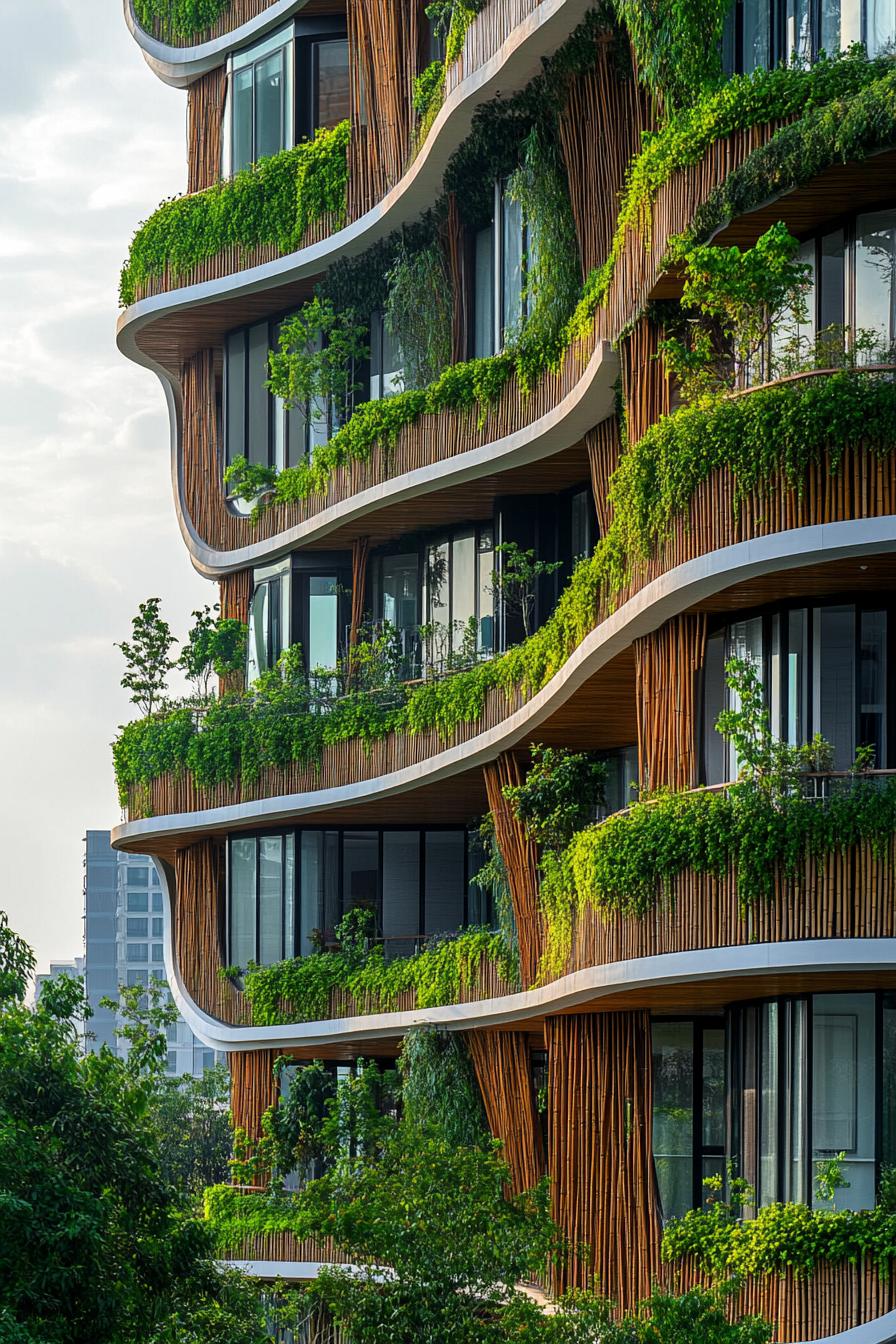 curved modern residential building with bamboo details and green living wall sections