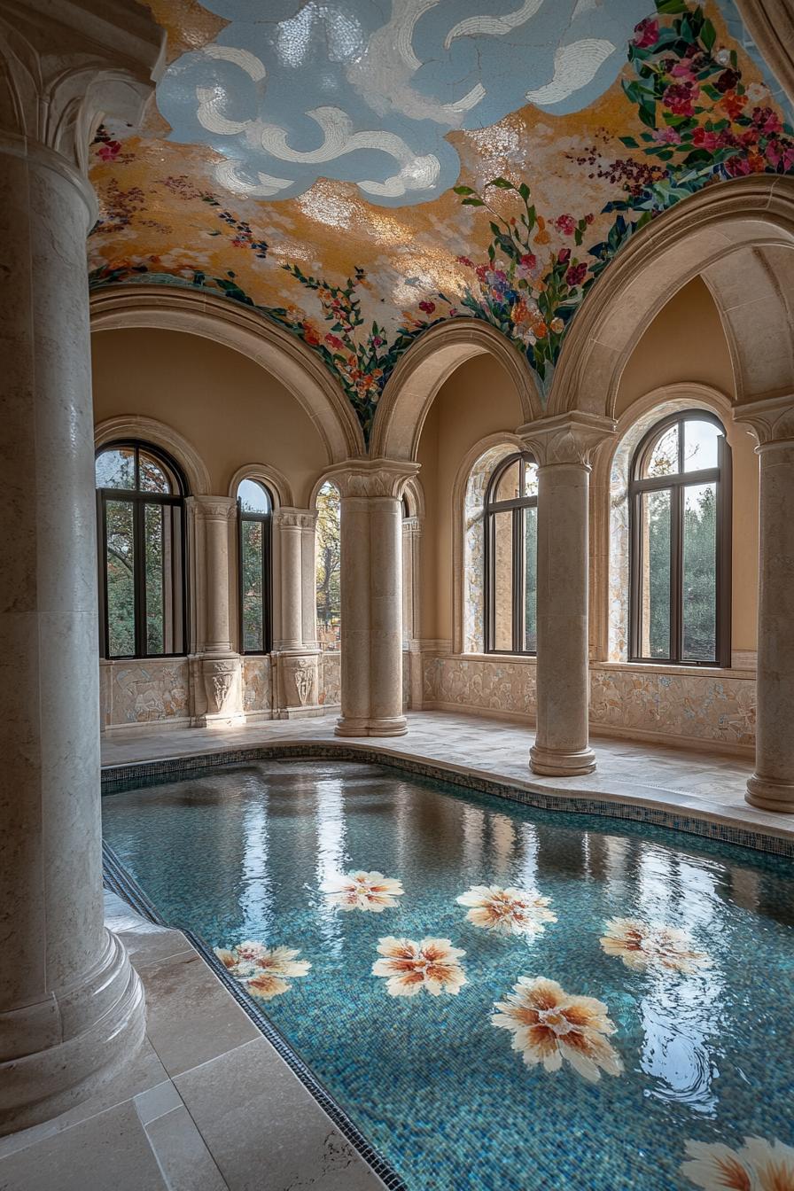 dreamscape luxury spa with large arched windows columns with floral mosaics pool with floral mosaics mosaic floors ceilings with cloud art 1