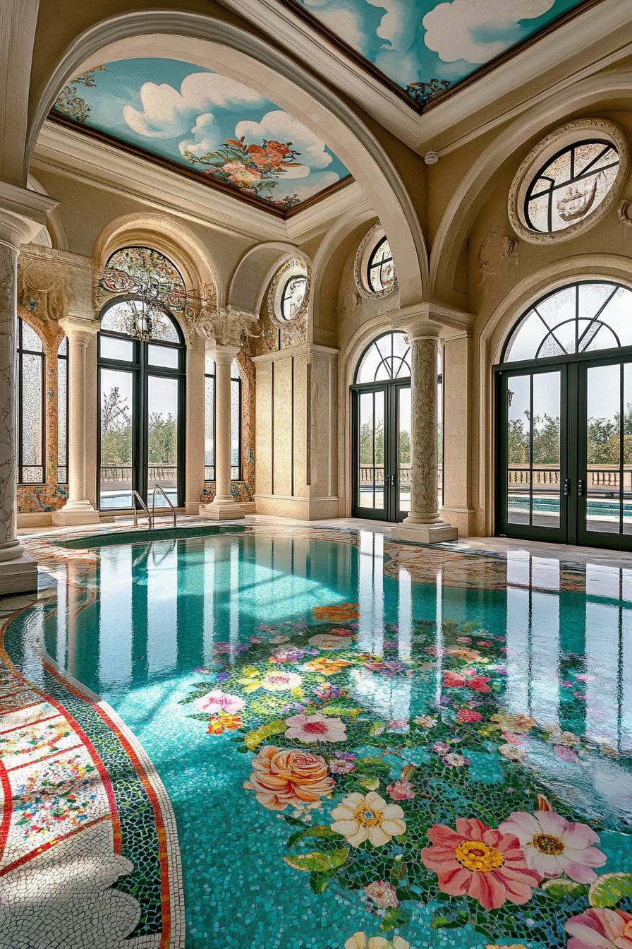 dreamscape luxury spa with large arched windows columns with floral mosaics pool with floral mosaics mosaic floors ceilings with cloud art 2