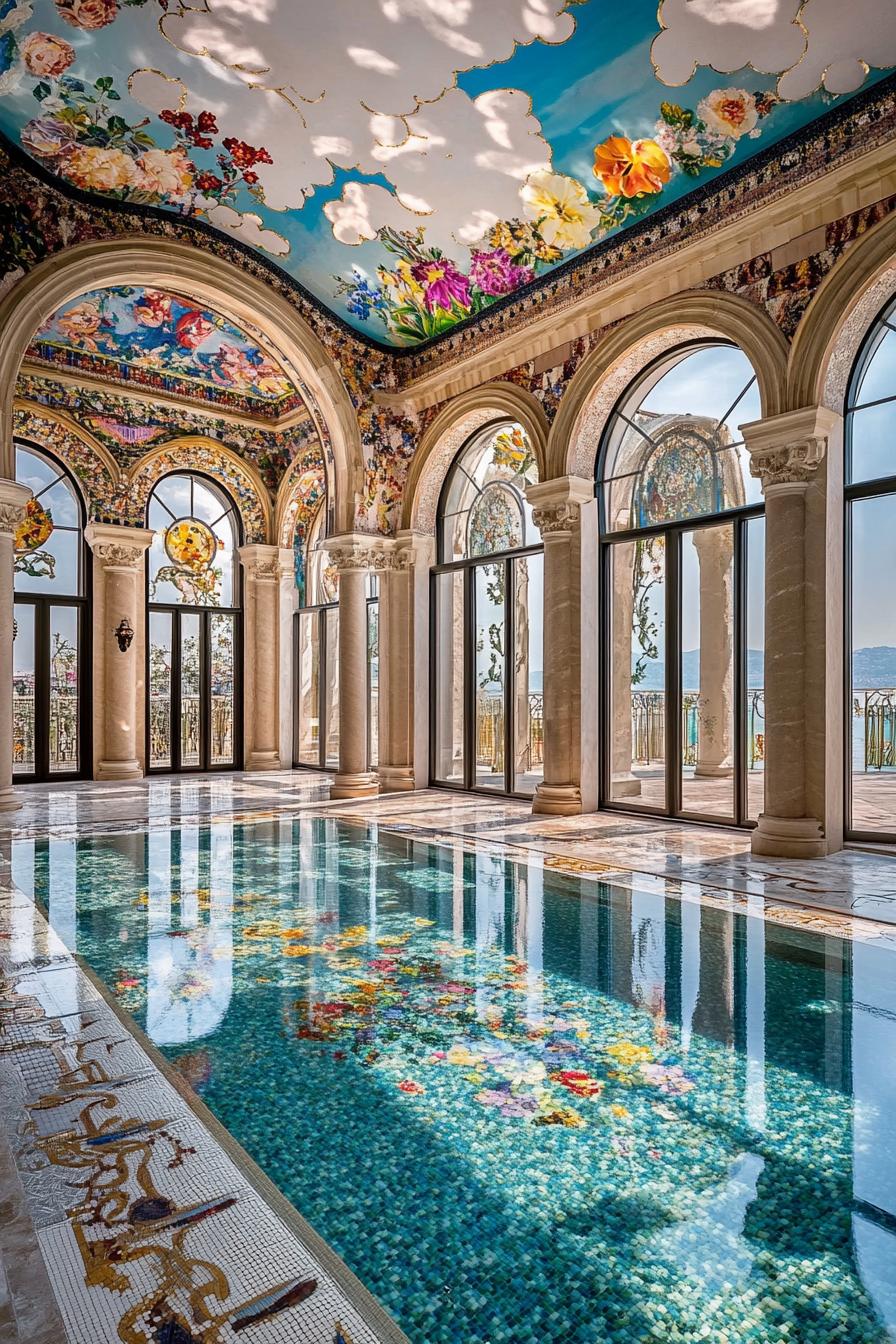 dreamscape luxury spa with large arched windows columns with floral mosaics pool with floral mosaics mosaic floors ceilings with cloud art 3