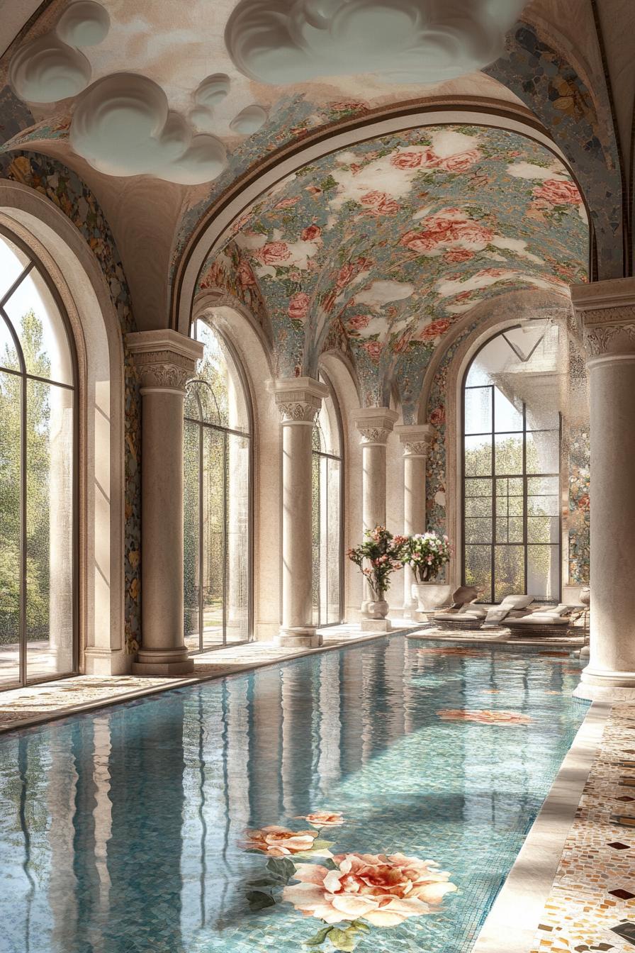 dreamscape luxury spa with large arched windows columns with floral mosaics pool with floral mosaics mosaic floors ceilings with cloud art