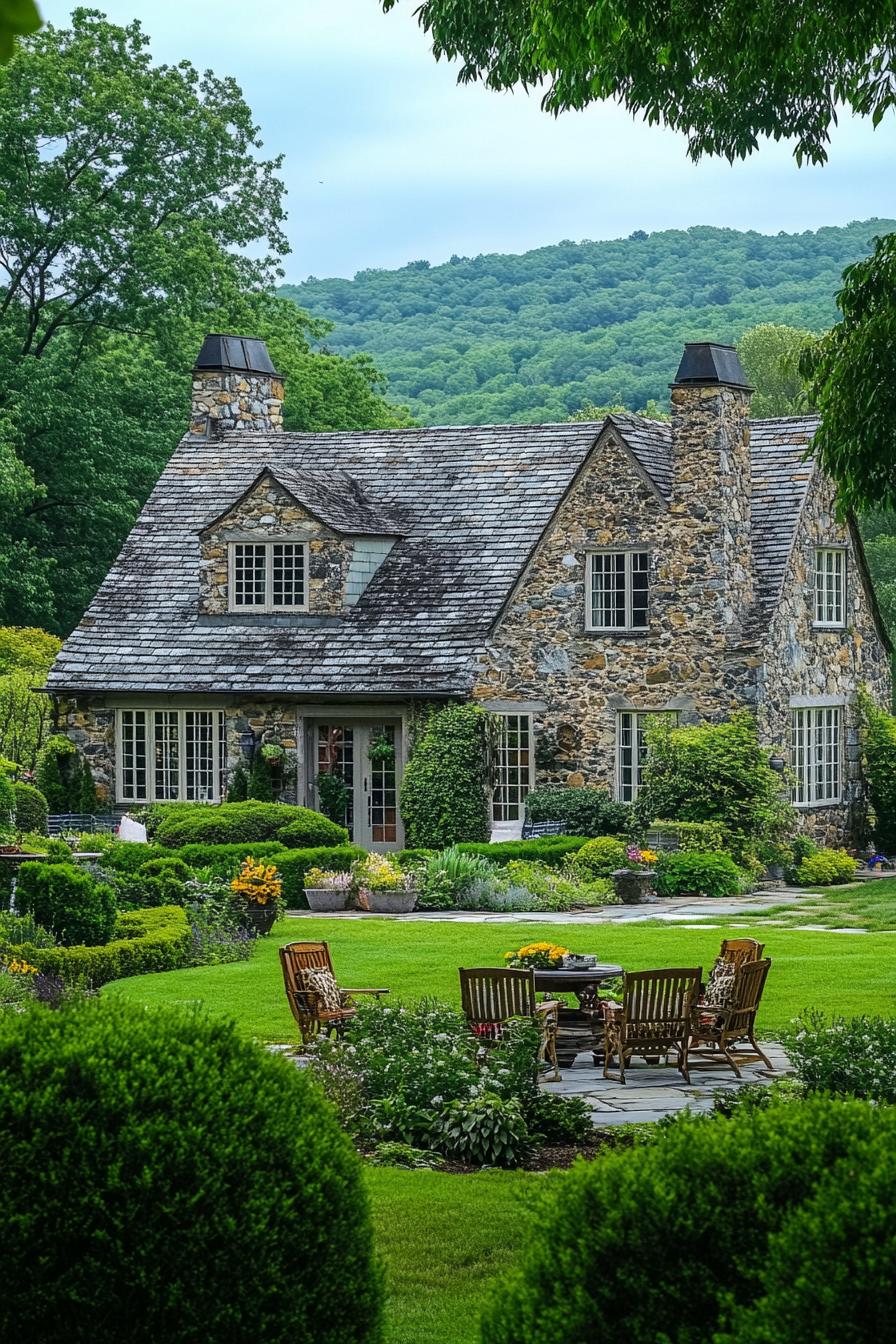 english country cottage with stone siding gabled roof with dormers and chimneys front yard garden lawn with garden furniture surrounded with bushes 1