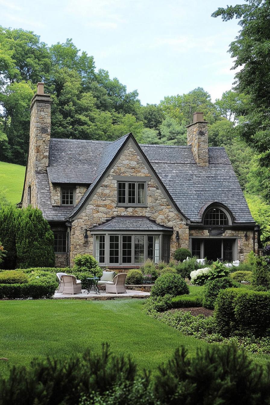 english country cottage with stone siding gabled roof with dormers and chimneys front yard garden lawn with garden furniture surrounded with bushes 2