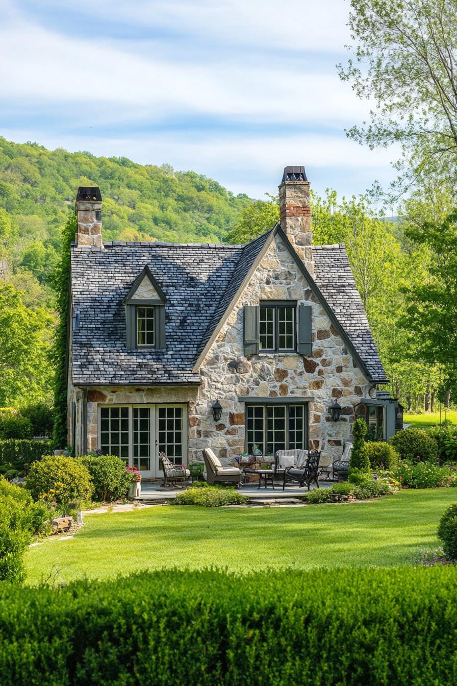 english country cottage with stone siding gabled roof with dormers and chimneys front yard garden lawn with garden furniture surrounded with bushes 3