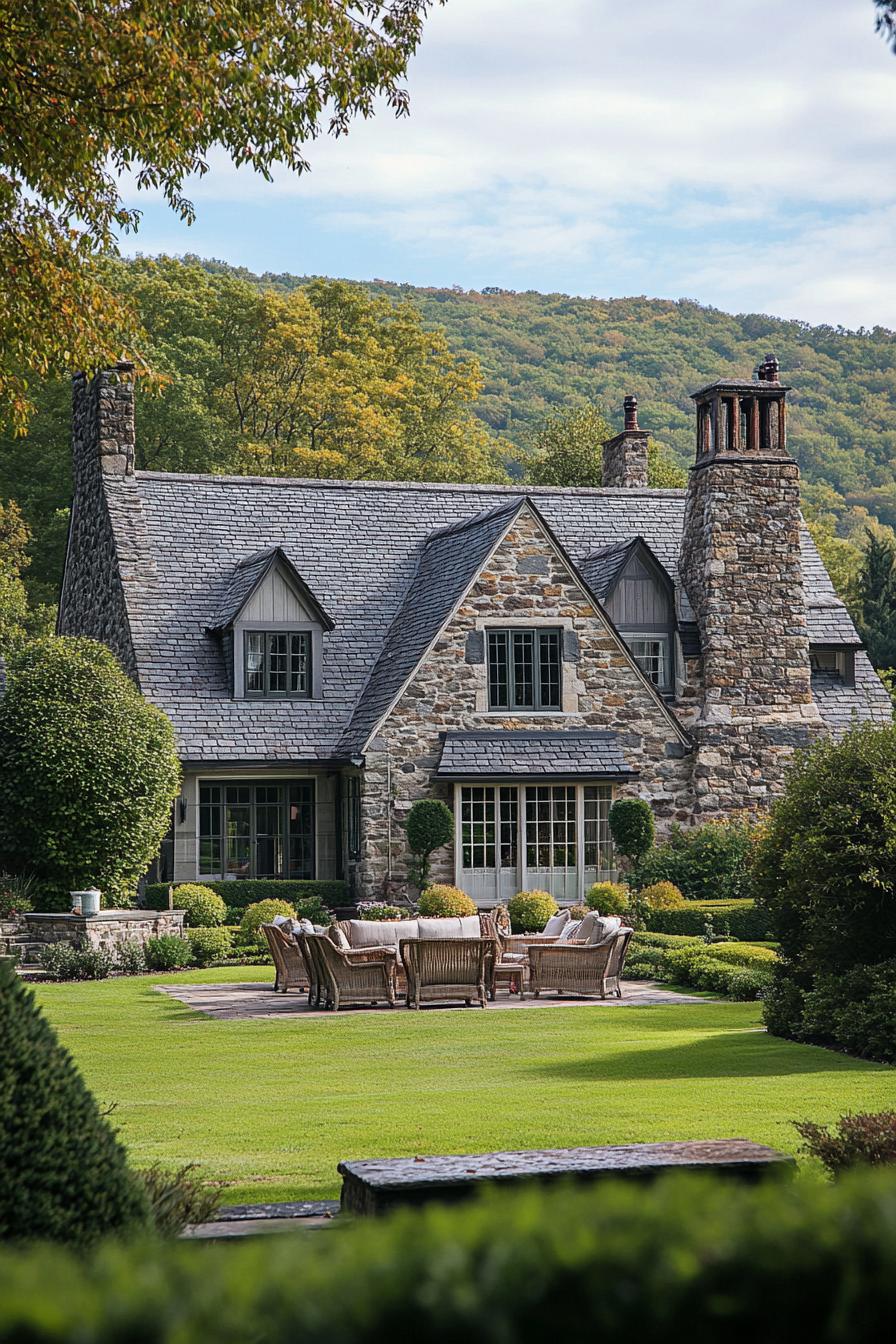 english country cottage with stone siding gabled roof with dormers and chimneys front yard garden lawn with garden furniture surrounded with bushes