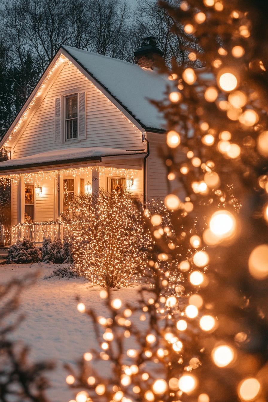 front of a cottage house with white horizontal slat siding bay windows multi pitched roof lined with fairy lights the facade and front yard shrubs 1