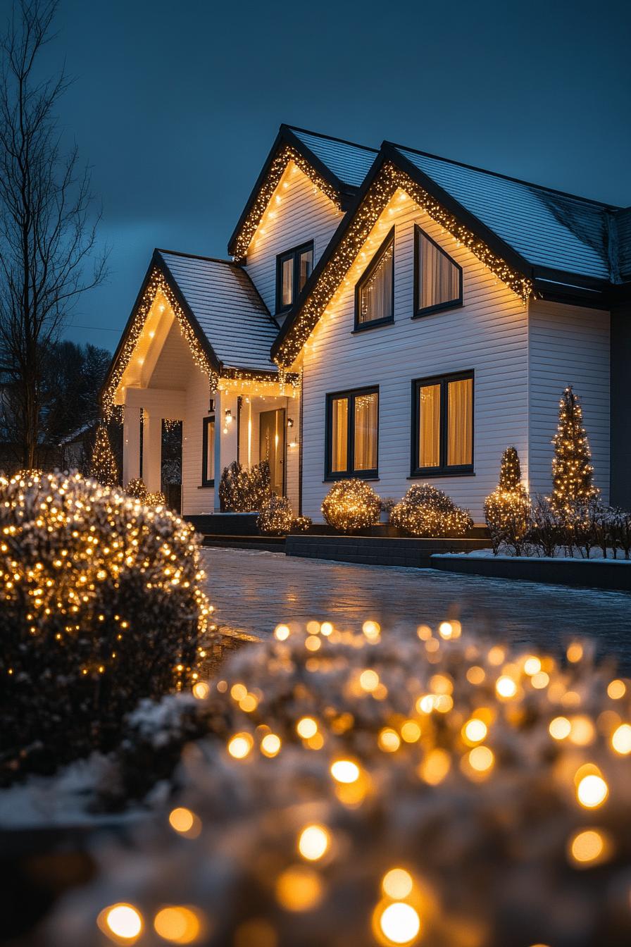 front of a cottage house with white horizontal slat siding bay windows multi pitched roof lined with fairy lights the facade and front yard shrubs