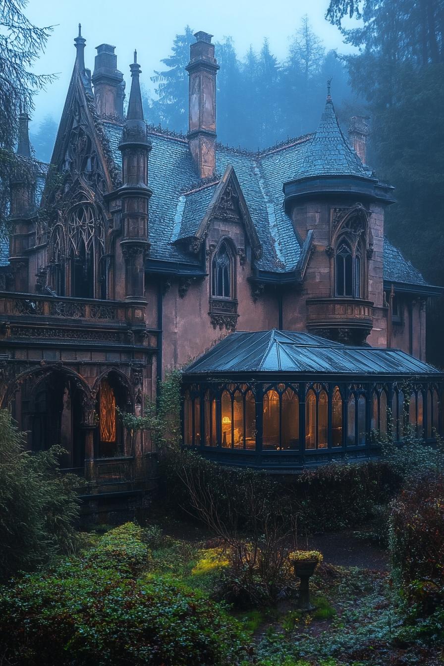 gothic vampire house manor with ornate arches and turrets with glass sunroom garden surrounded with misty forest at dusk 1