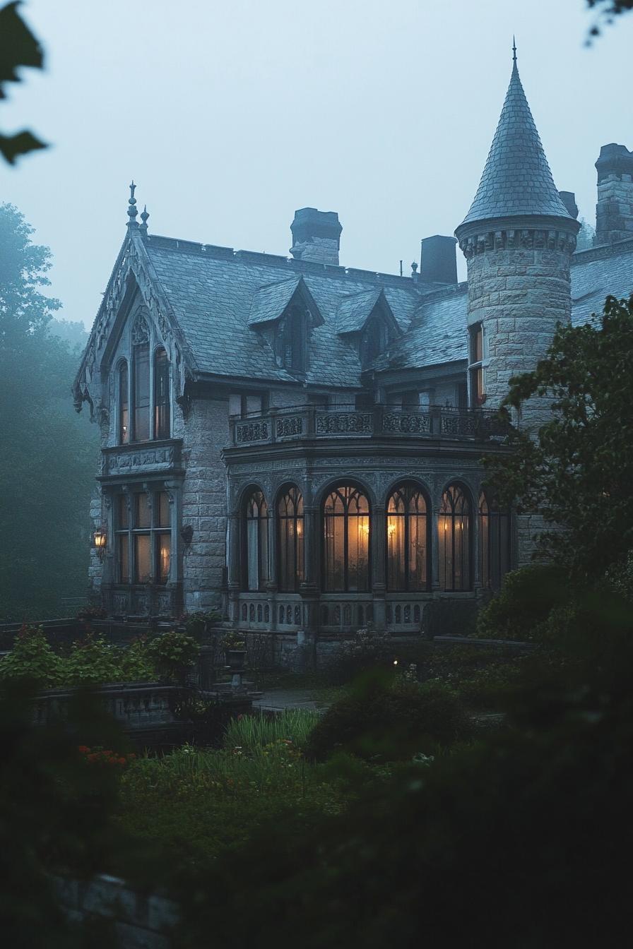 gothic vampire house manor with ornate arches and turrets with glass sunroom garden surrounded with misty forest at dusk 2