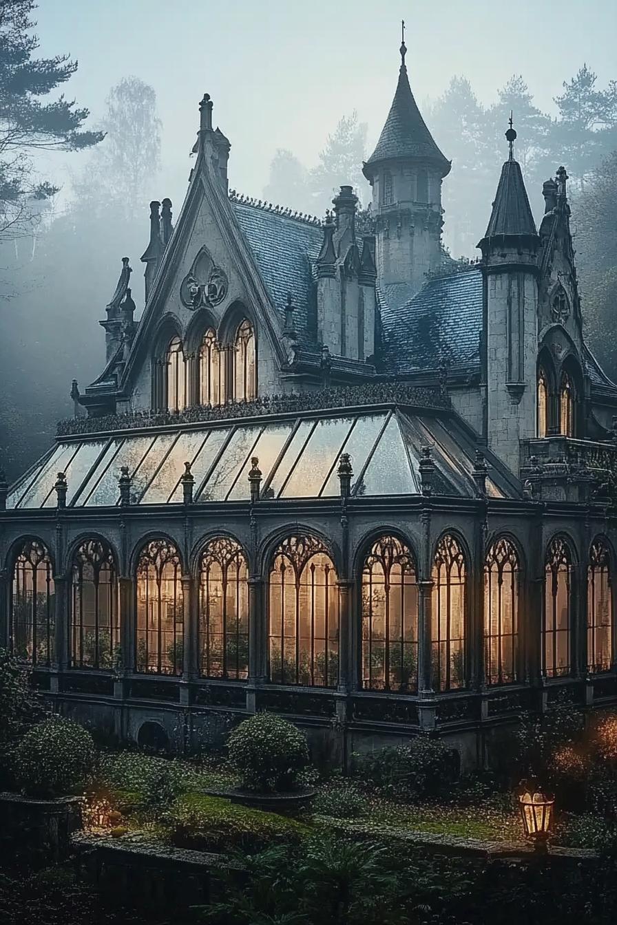 gothic vampire house manor with ornate arches and turrets with glass sunroom garden surrounded with misty forest at dusk 3