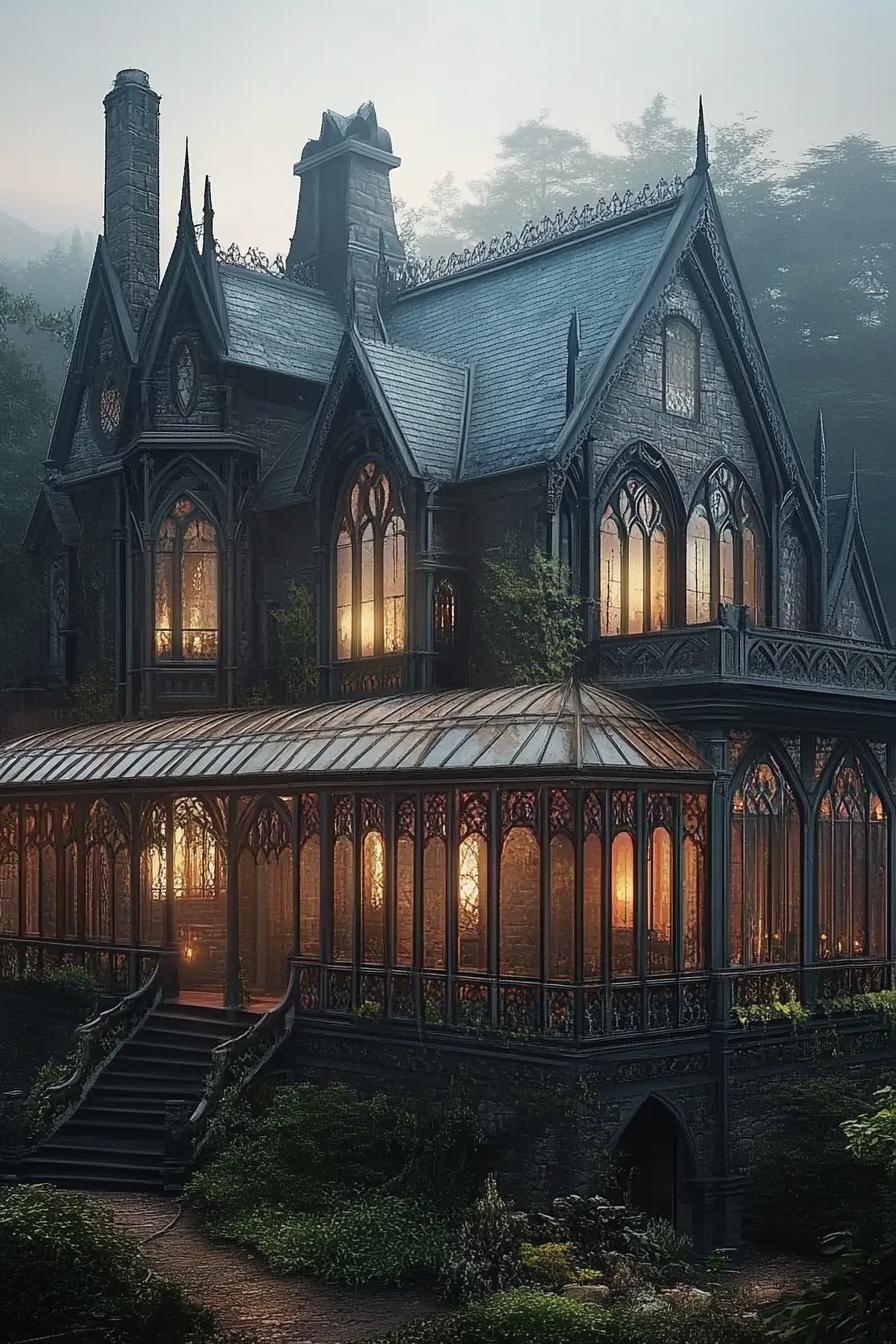 gothic vampire house manor with ornate arches and turrets with glass sunroom garden surrounded with misty forest at dusk 4