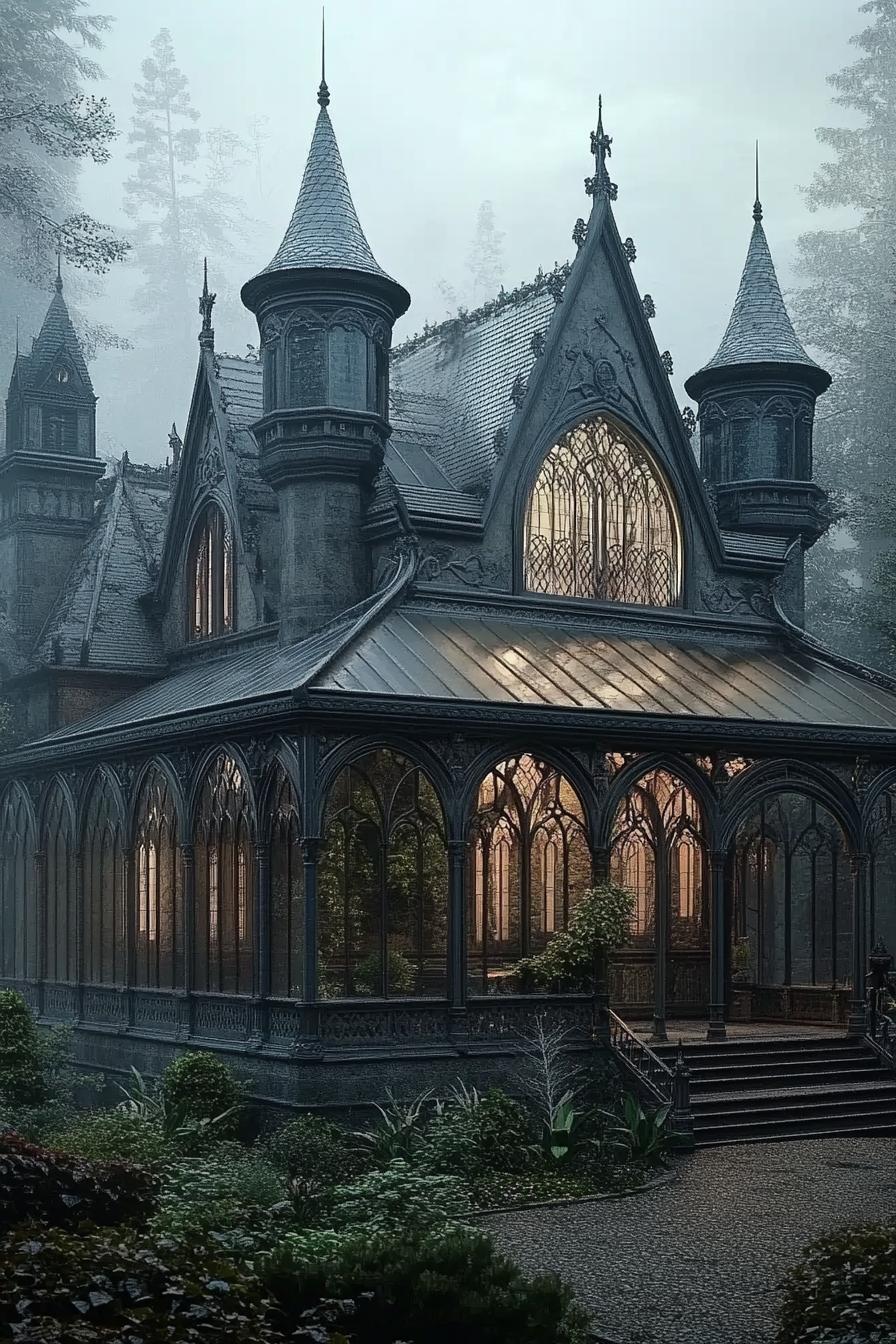 gothic vampire house manor with ornate arches and turrets with glass sunroom garden surrounded with misty forest at dusk 5