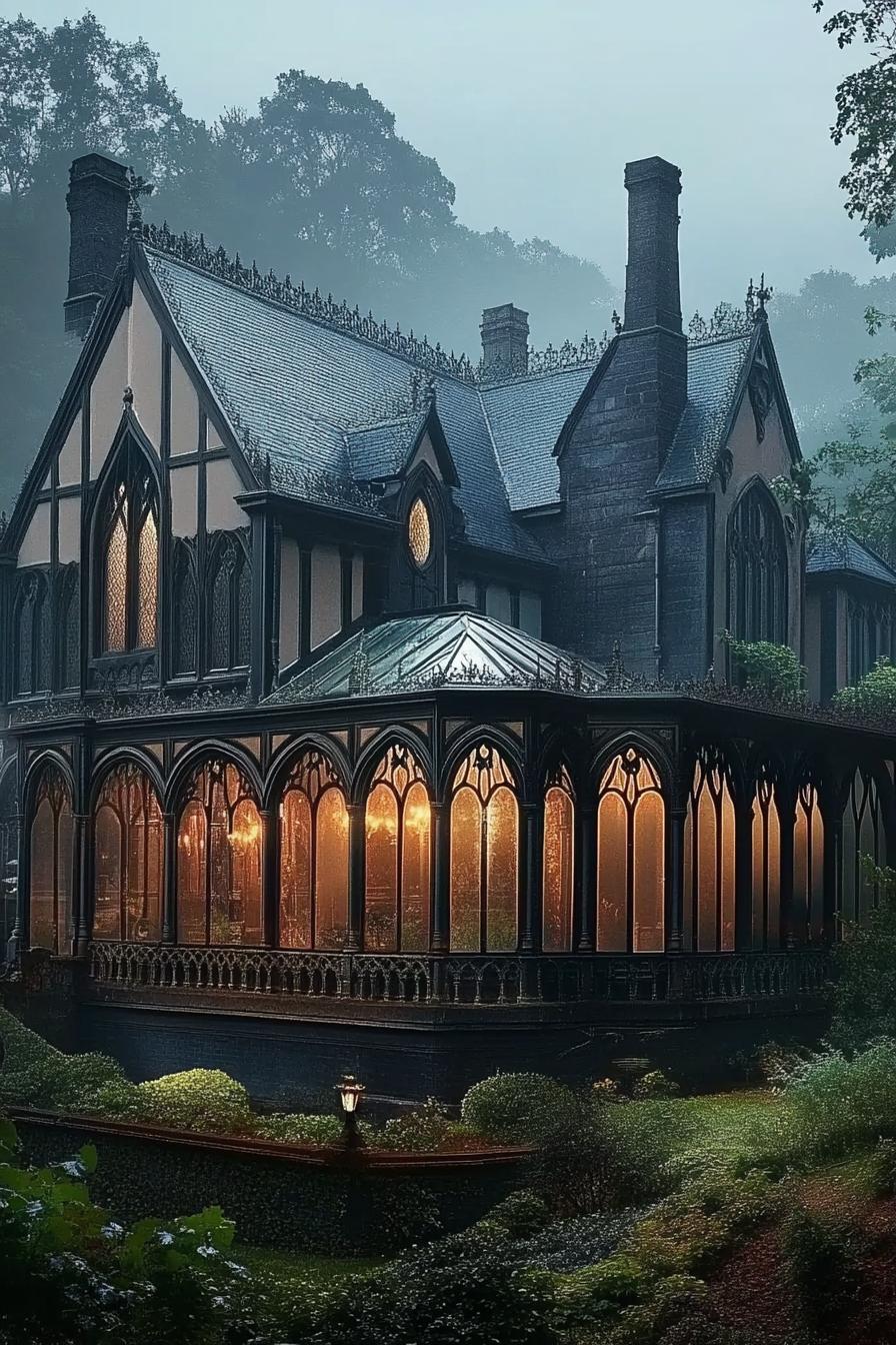 gothic vampire house manor with ornate arches and turrets with glass sunroom garden surrounded with misty forest at dusk 6