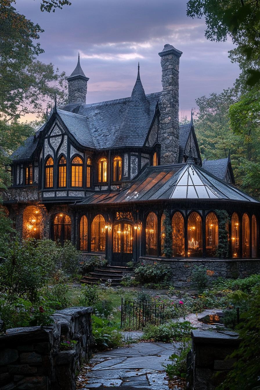 gothic vampire house manor with ornate arches and turrets with glass sunroom garden surrounded with misty forest at dusk