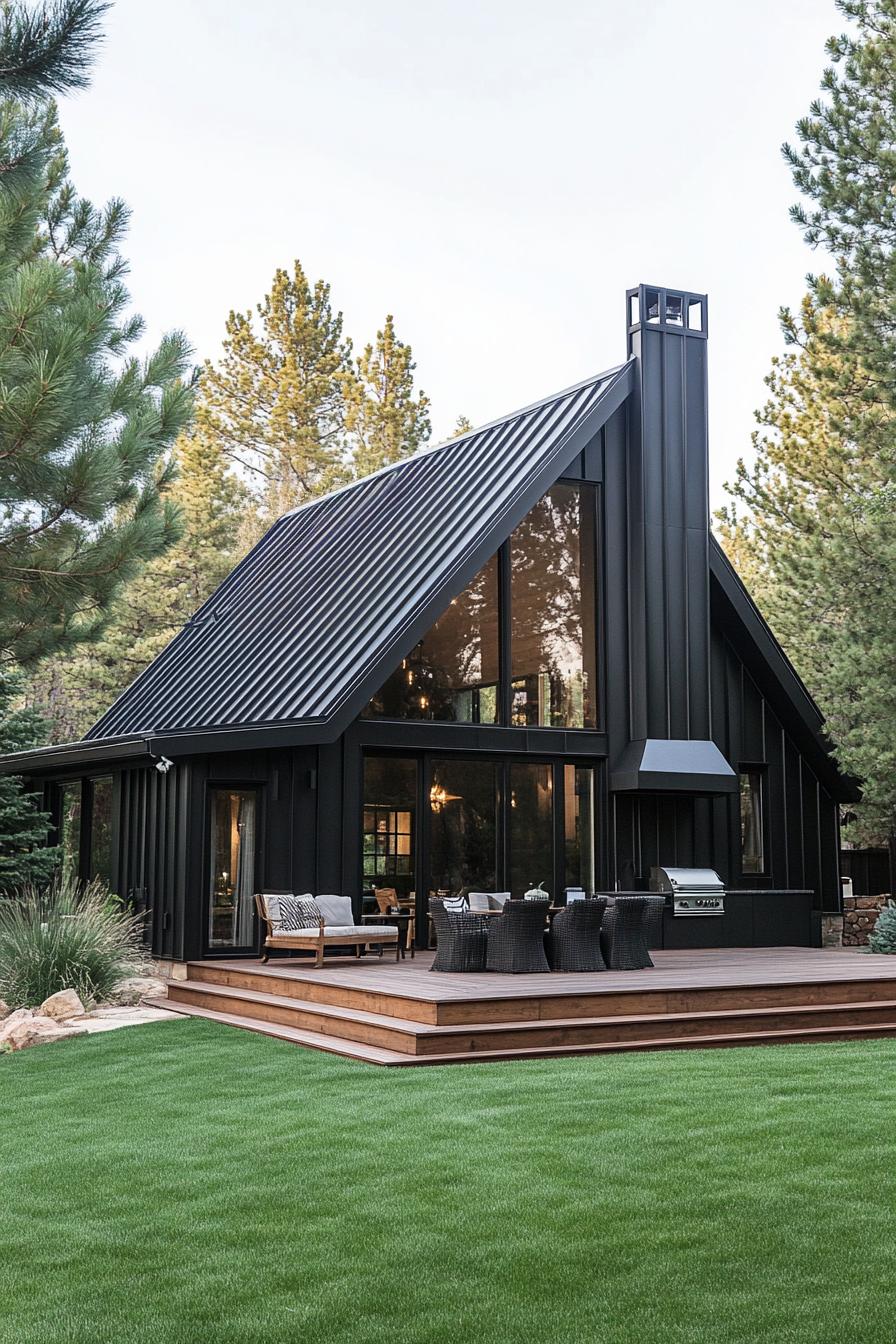 large modern cottage in black board and batten siding big black a frame metal roof with chimney v 6.1