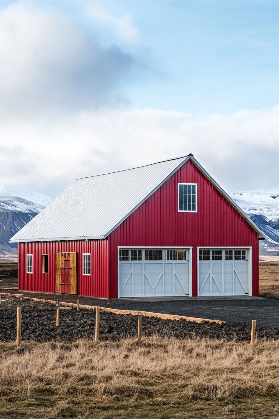 large red metal shouse barndominium with white barn roof large garage doors porch with small roof and wooden beam posts on brick foundations scenic 1