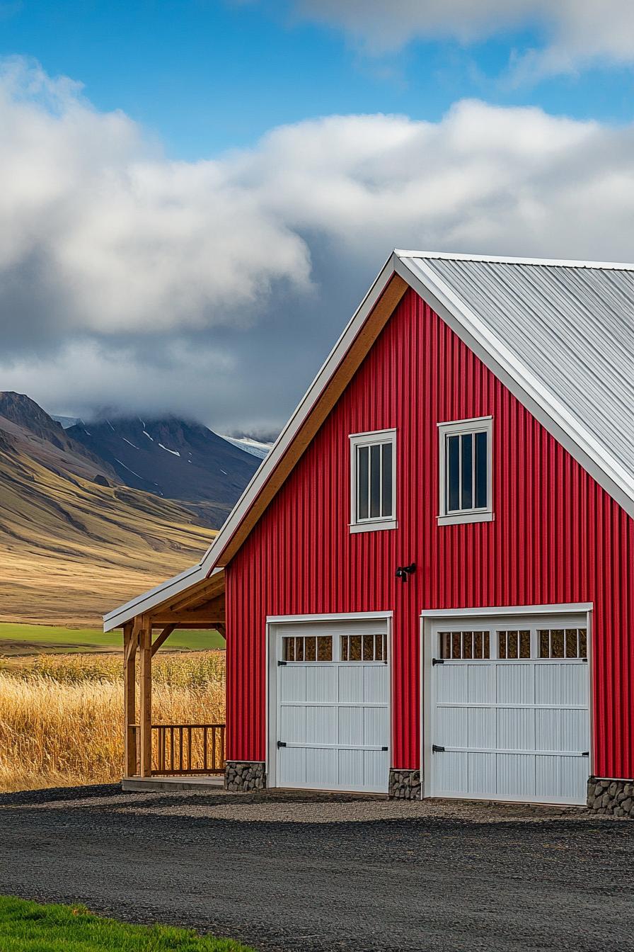 large red metal shouse barndominium with white barn roof large garage doors porch with small roof and wooden beam posts on brick foundations scenic 2