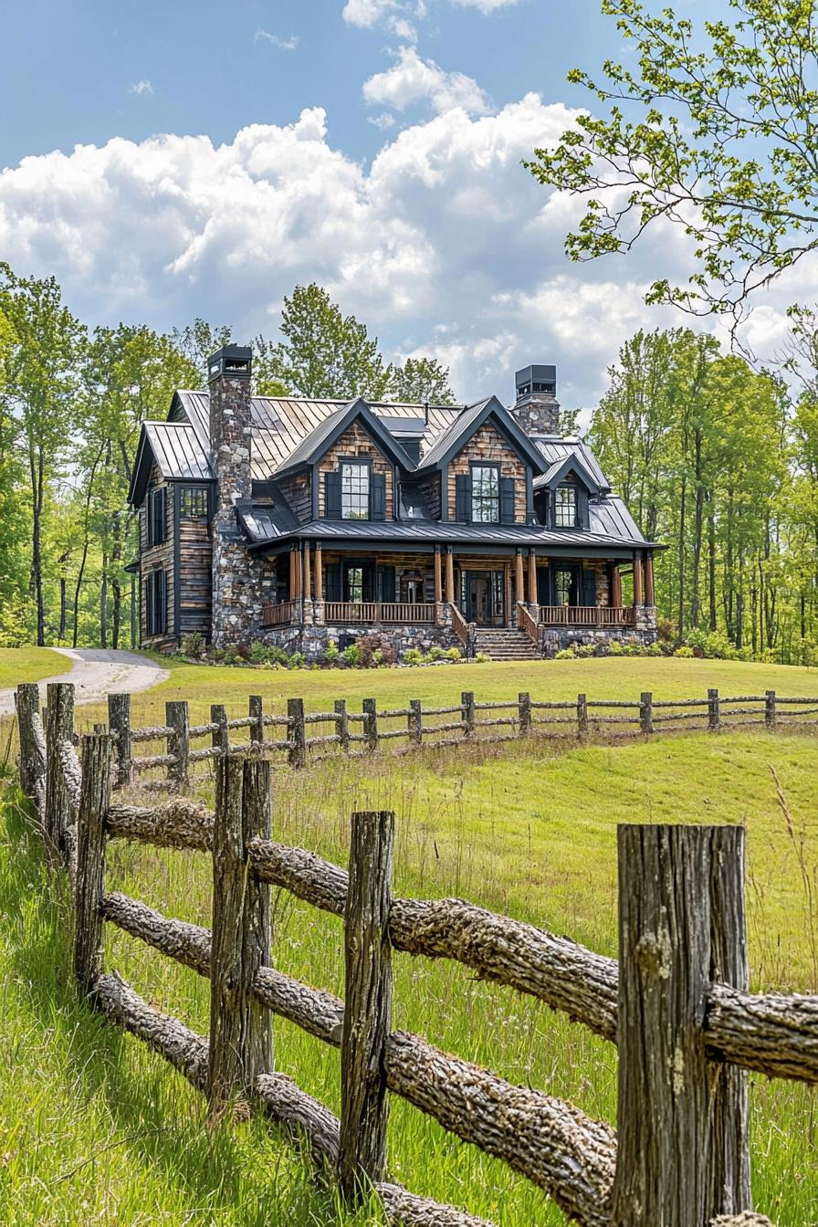 A stone and timber farm mansion surrounded by lush greenery