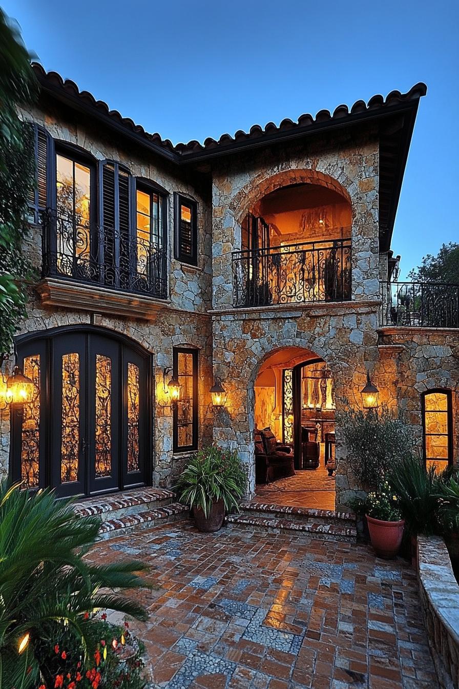 mediterranean inner courtyard house with stone mosaic siding arched doors windows with shutters iron balcony lamp fixtures stone mosaic tile 1