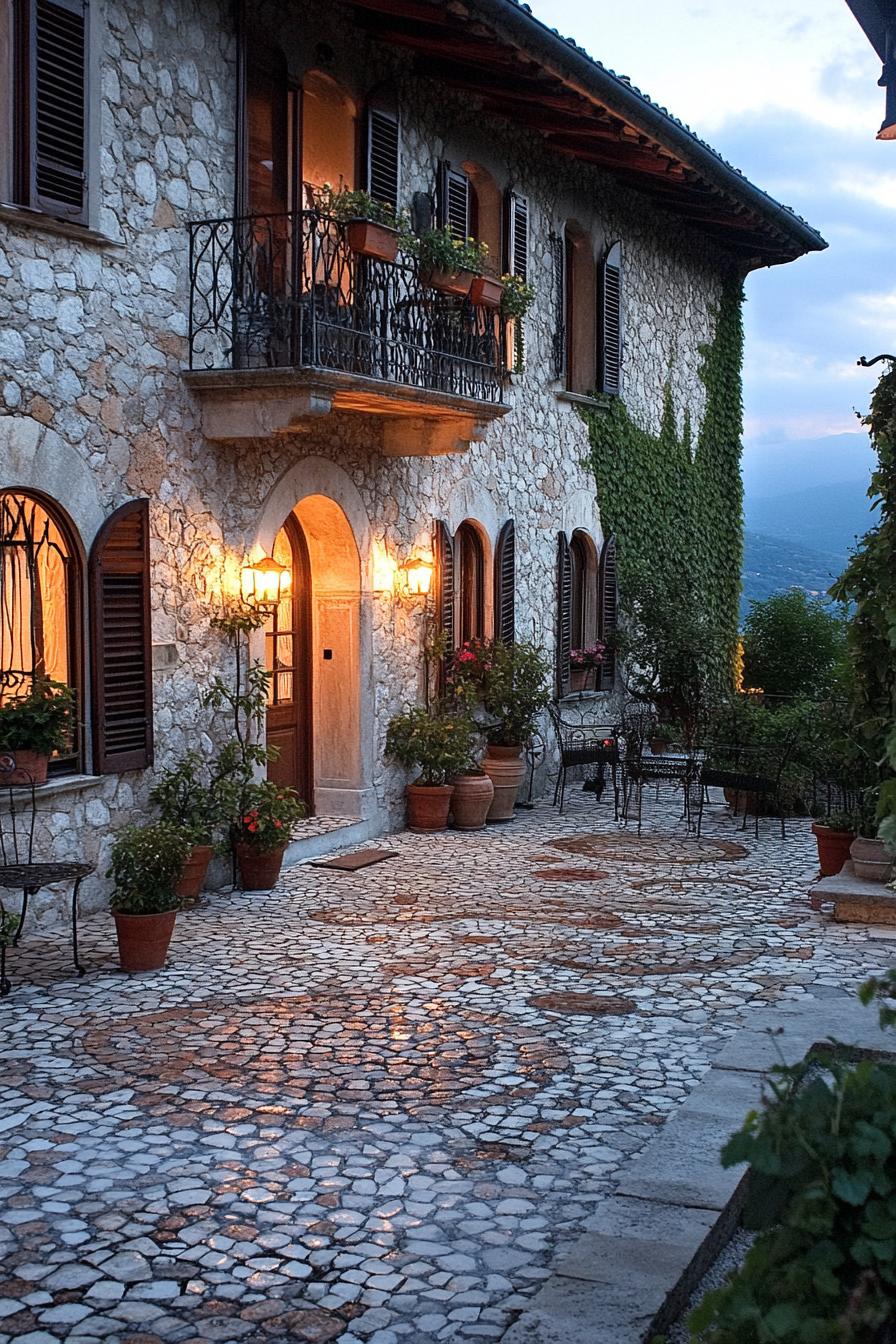 mediterranean inner courtyard house with stone mosaic siding arched doors windows with shutters iron balcony lamp fixtures stone mosaic tile 2