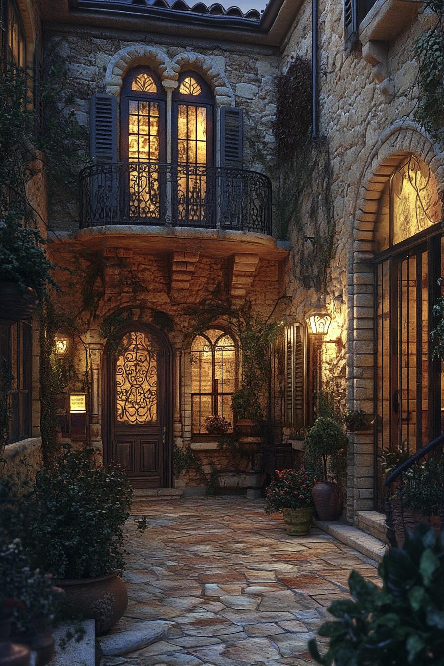 mediterranean inner courtyard house with stone mosaic siding arched doors windows with shutters iron balcony lamp fixtures stone mosaic tile 3