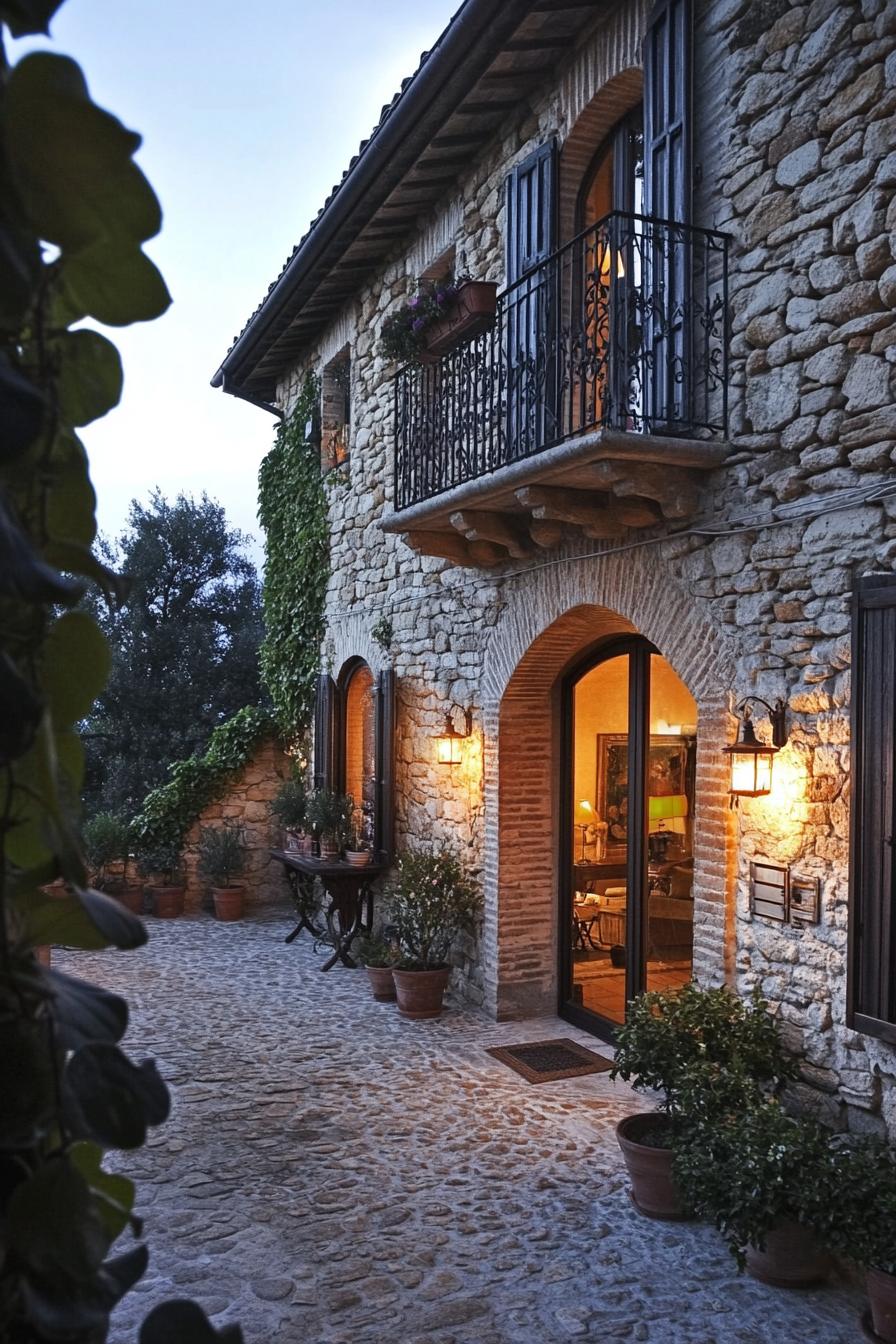 mediterranean inner courtyard house with stone mosaic siding arched doors windows with shutters iron balcony lamp fixtures stone mosaic tile