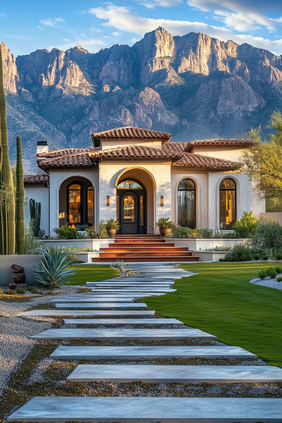 mediterranean village house with stucco siding large porch with round columns terracotta shingle roof