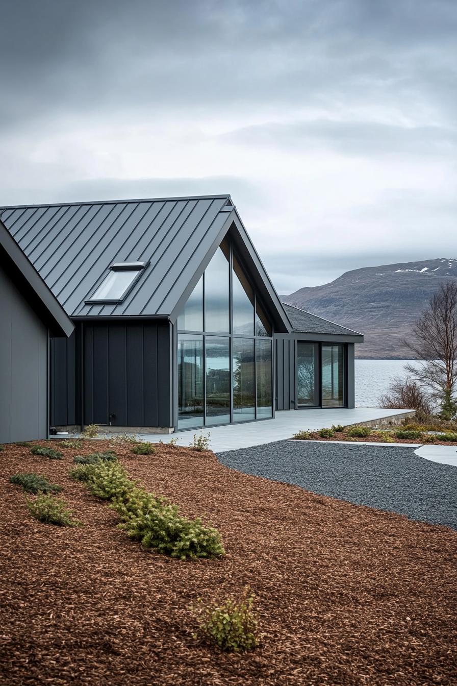 Modern Scandinavian house with large glass windows and sleek metal roof