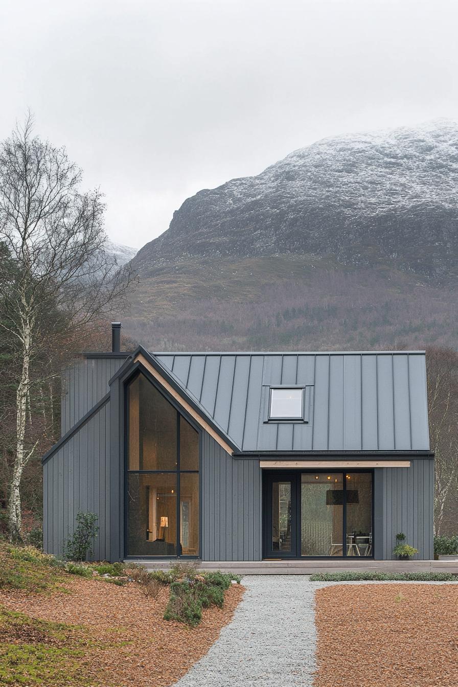 Scandinavian-style house with a mountain backdrop