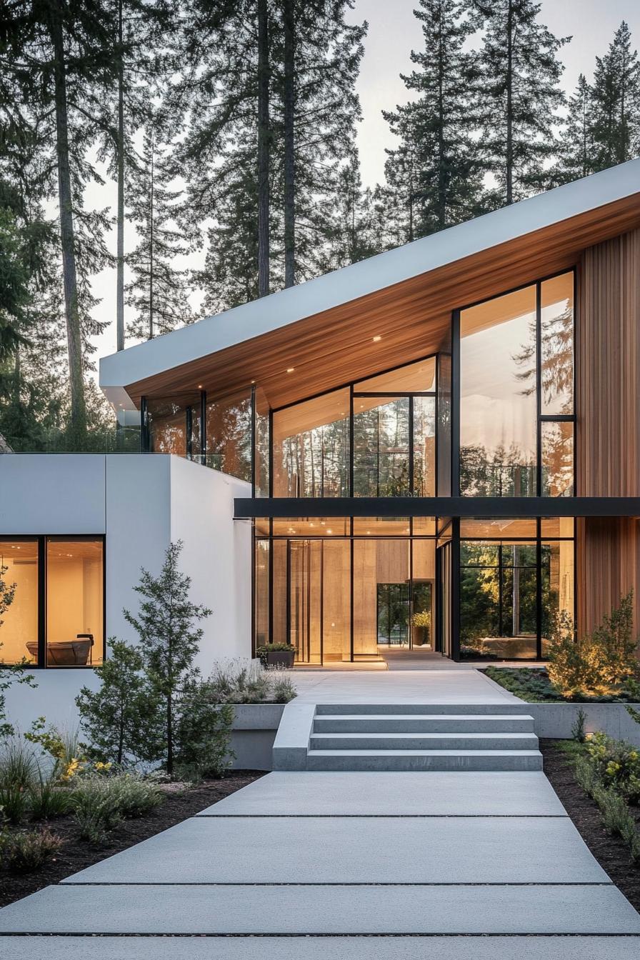 modern blocked villa with white and natural wood siding large geometric windows glass encased entrance landscaping with concrete beds and native 1