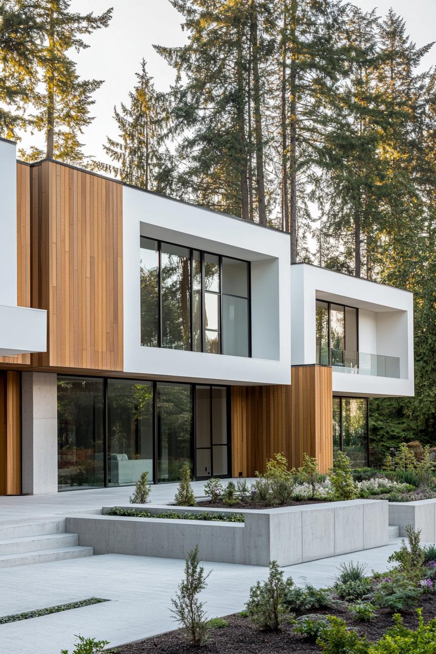 modern blocked villa with white and natural wood siding large geometric windows glass encased entrance landscaping with concrete beds and native 2