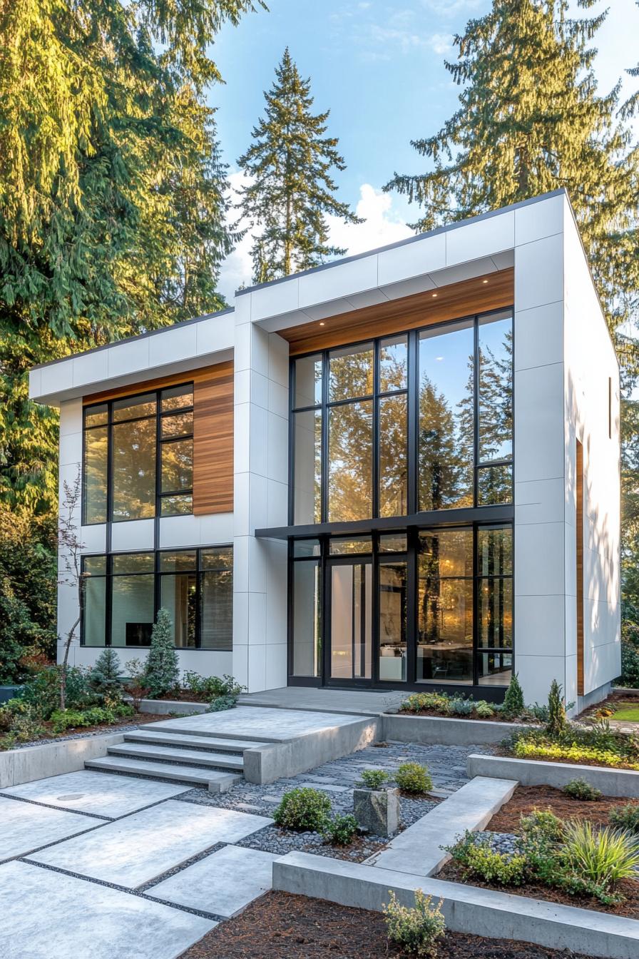 modern blocked villa with white and natural wood siding large geometric windows glass encased entrance landscaping with concrete beds and native 3