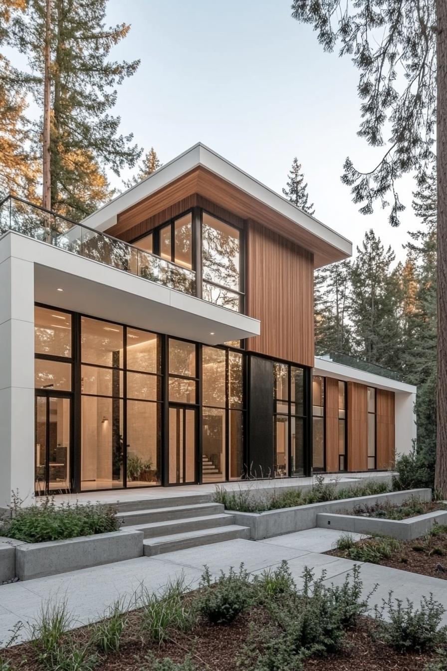 modern blocked villa with white and natural wood siding large geometric windows glass encased entrance landscaping with concrete beds and native