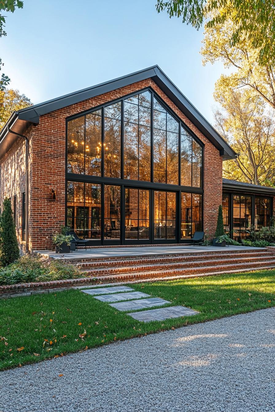 Brick barn house with large glass façade and elegant landscaping