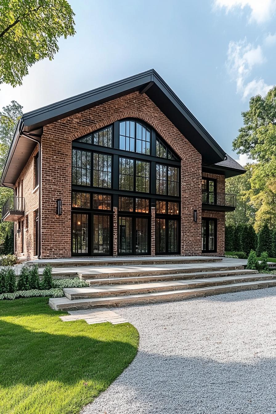 Charming brick barn house with large glass windows and steps