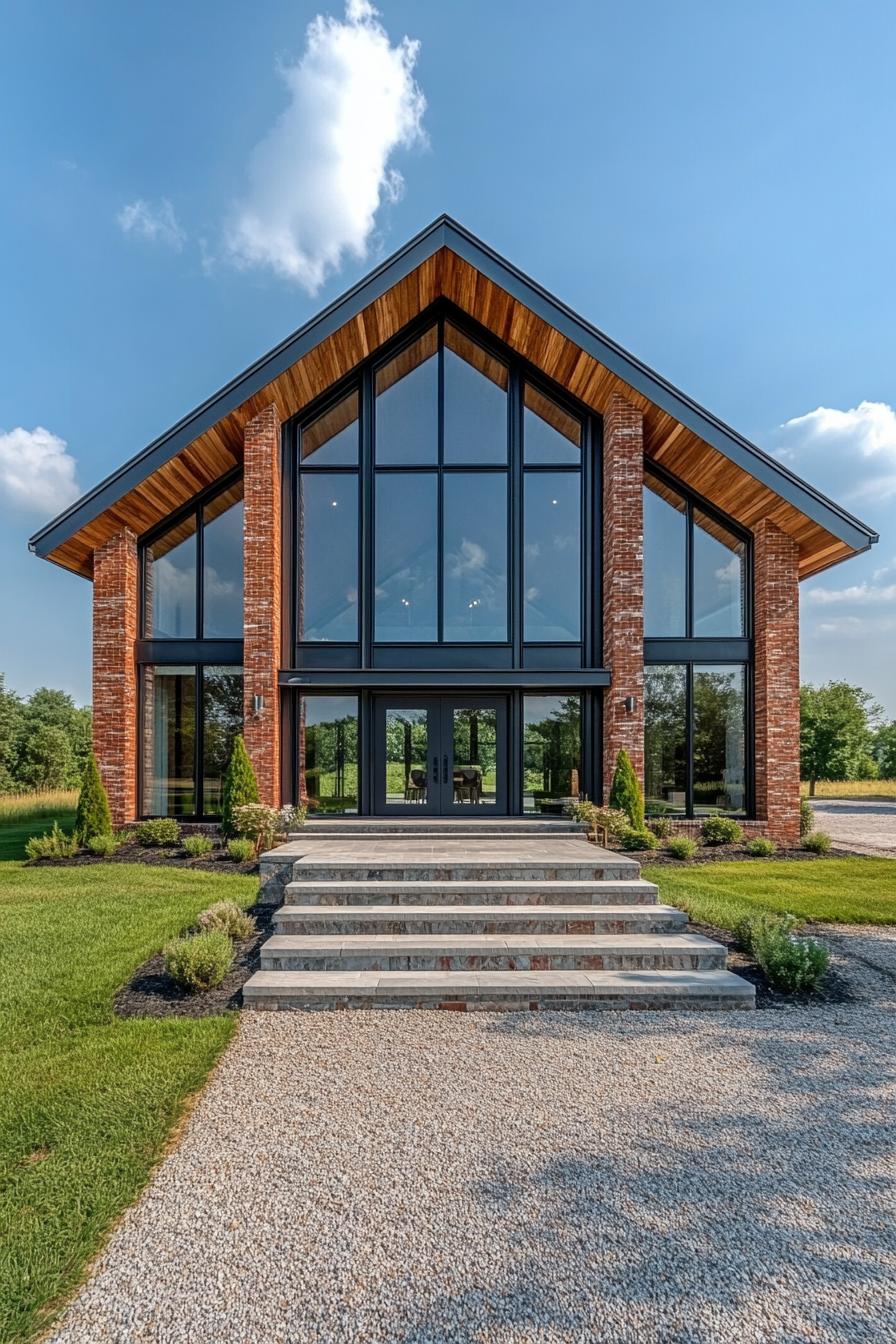 Modern barn house with large glass gable and brick facade under clear blue sky