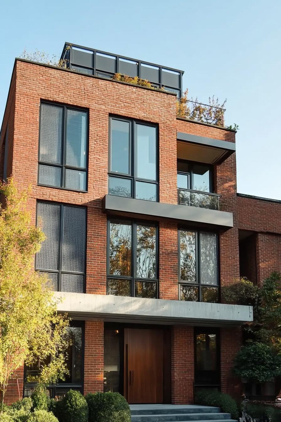 Modern brick house with large windows and a rooftop garden