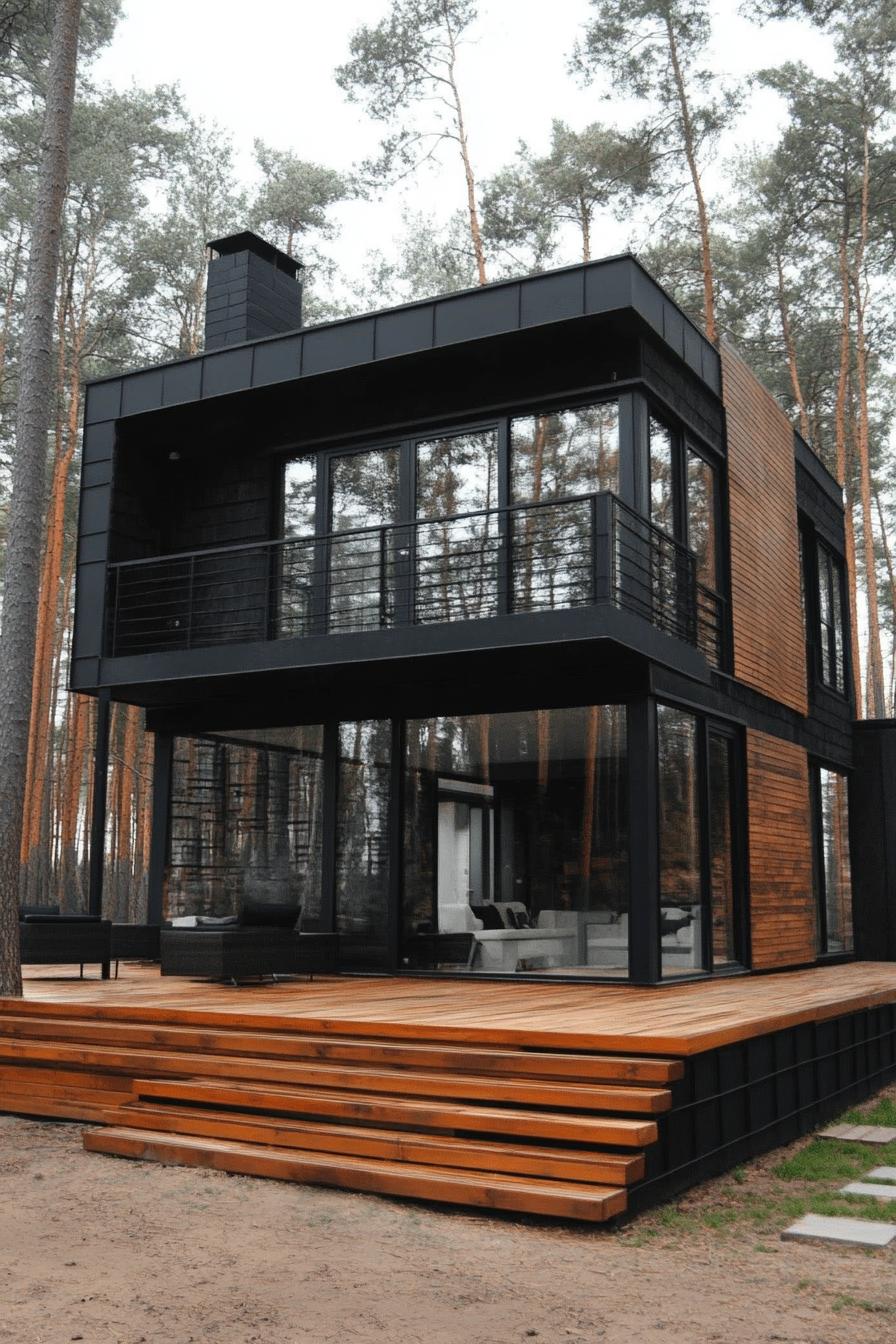 modern cube house with charred wood cladding large deck forest background 1