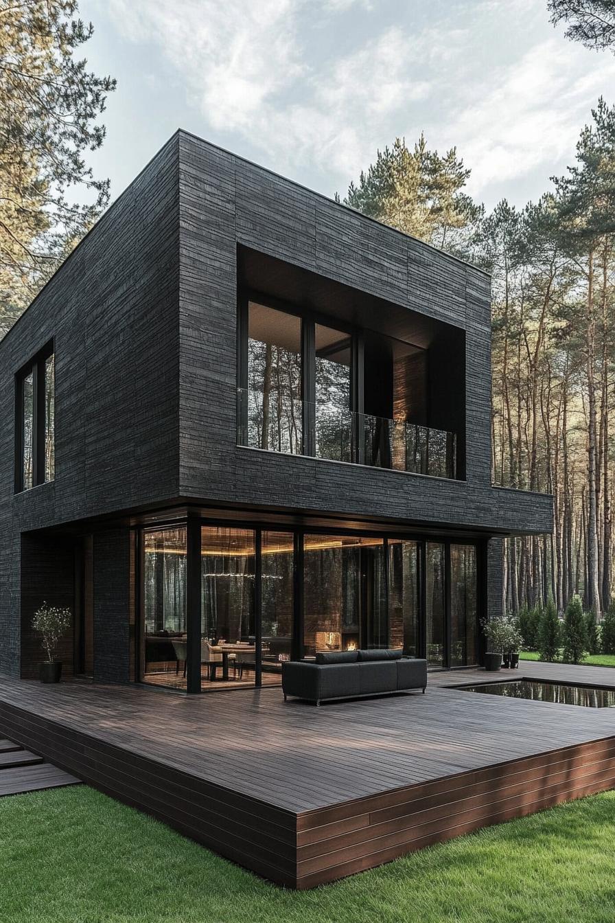 modern cube house with charred wood cladding large deck forest background 2