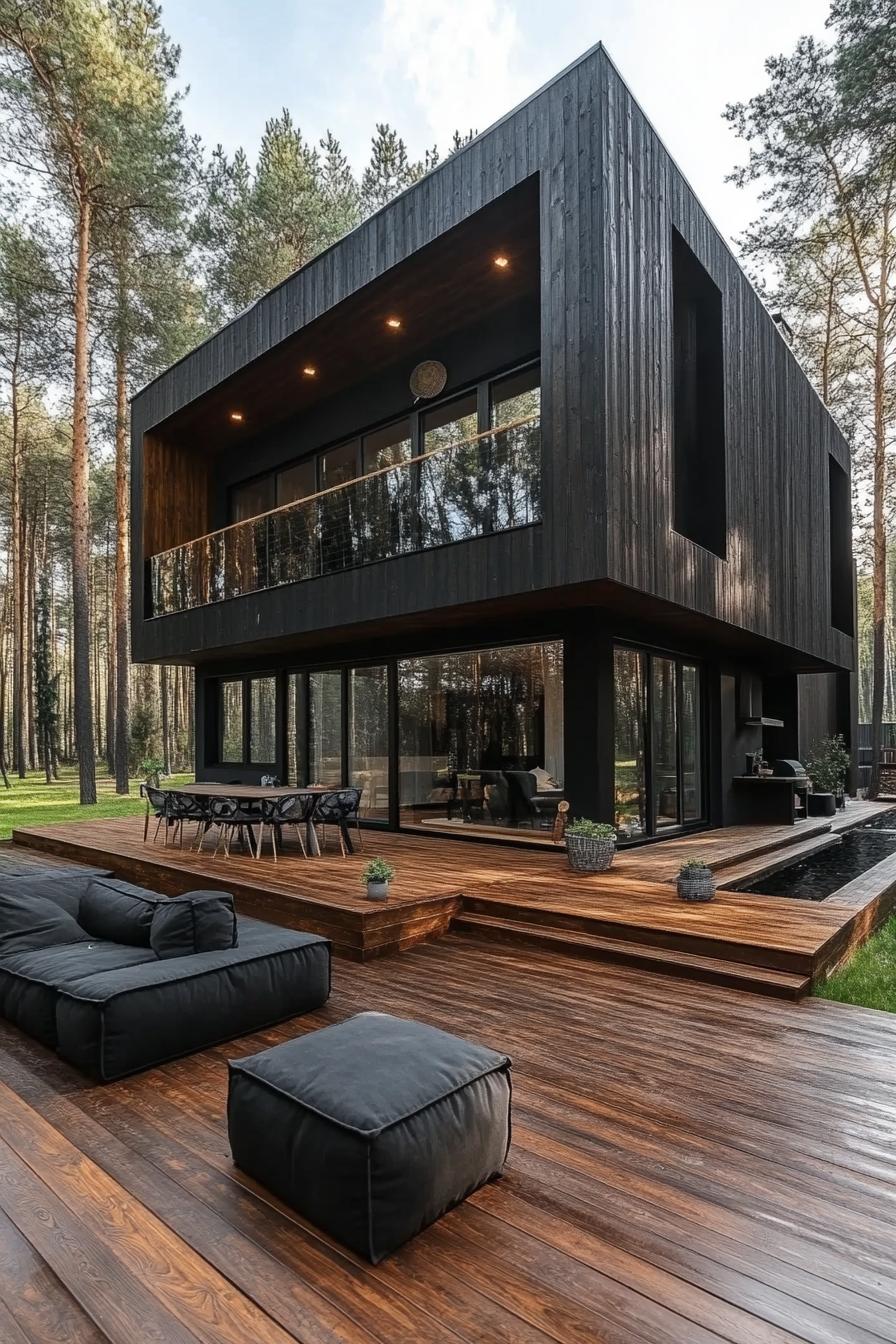 modern cube house with charred wood cladding large deck forest background 3