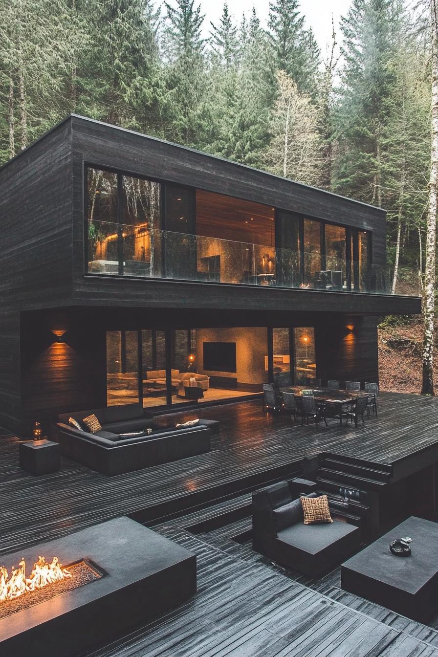 modern cube house with charred wood cladding large deck forest background