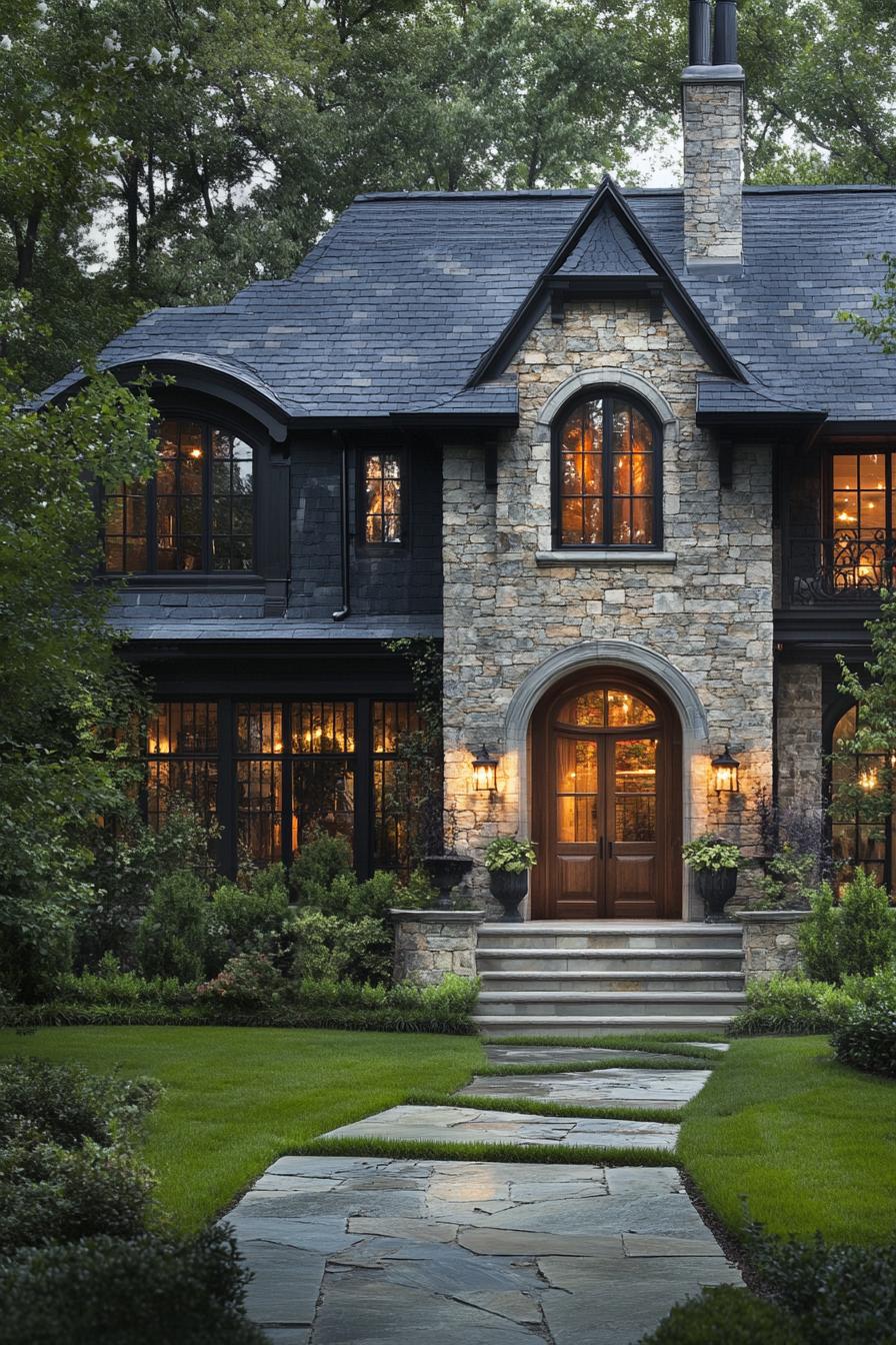 modern french multi story cottage with stone siding arched windows with detailing bay windows stone grey roof with sharp pitches chimney arched 1