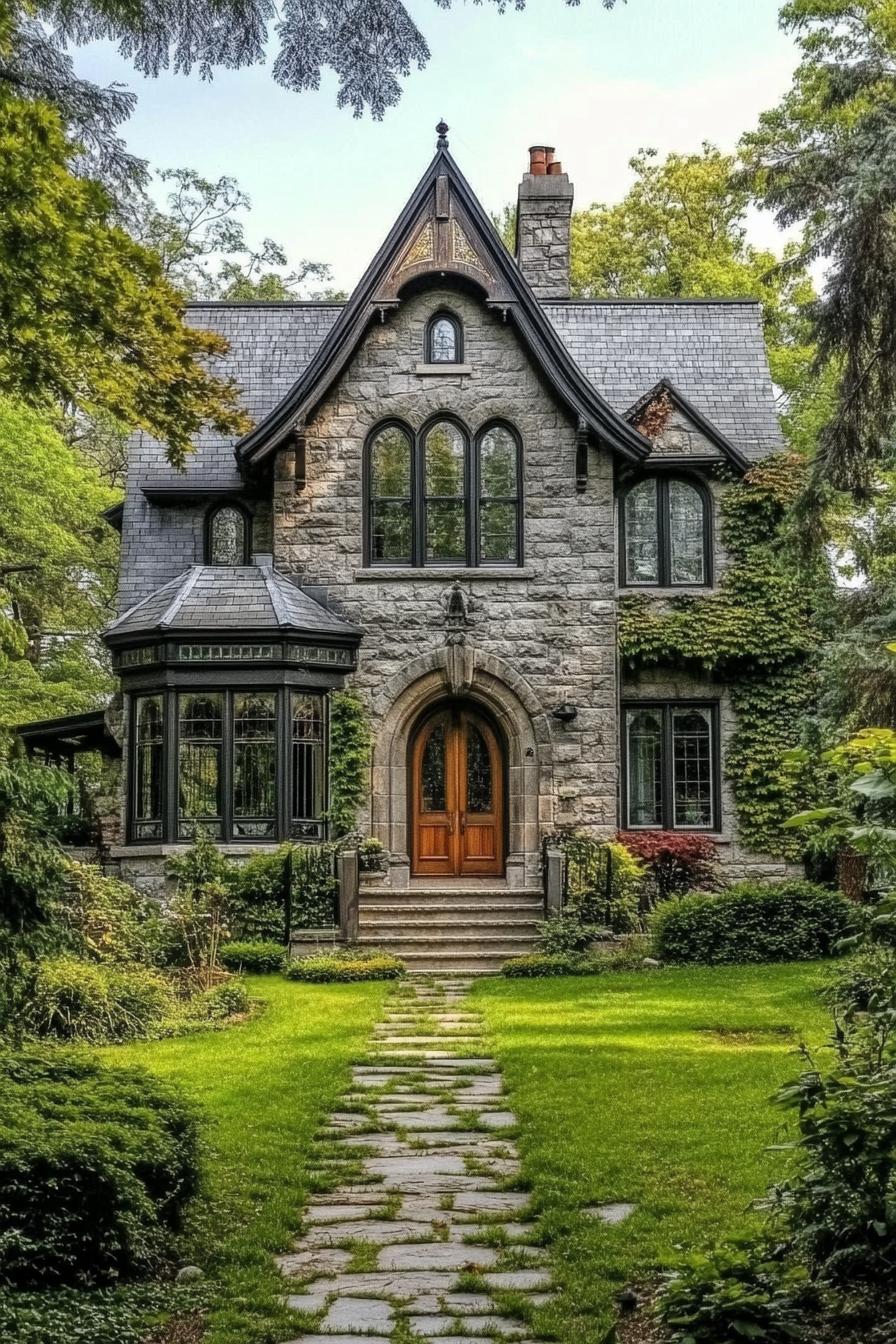 modern french multi story cottage with stone siding arched windows with detailing bay windows stone grey roof with sharp pitches chimney arched 2