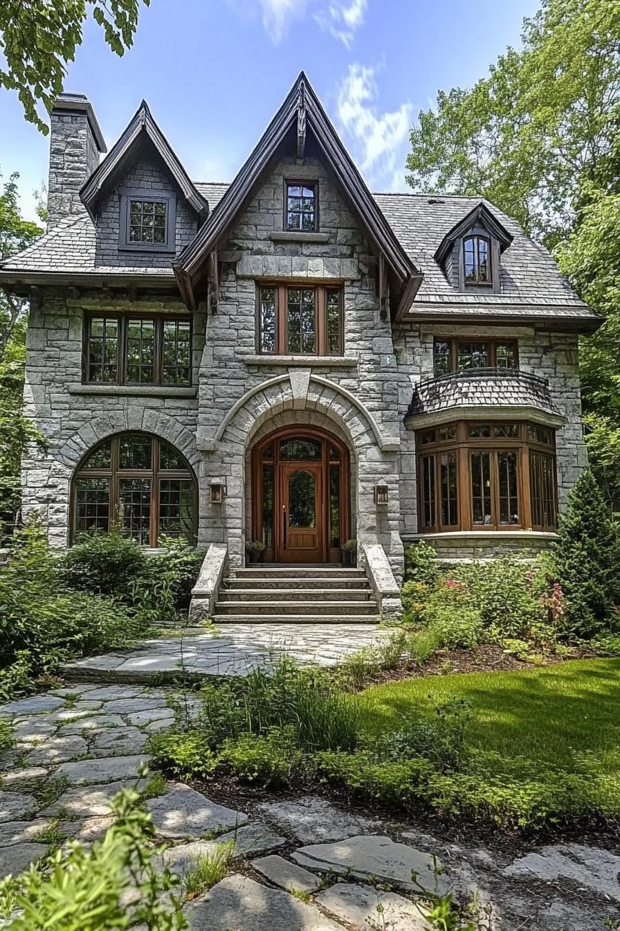 modern french multi story cottage with stone siding arched windows with detailing bay windows stone grey roof with sharp pitches chimney arched 3