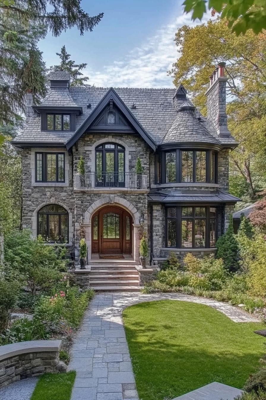 modern french multi story cottage with stone siding arched windows with detailing bay windows stone grey roof with sharp pitches chimney arched