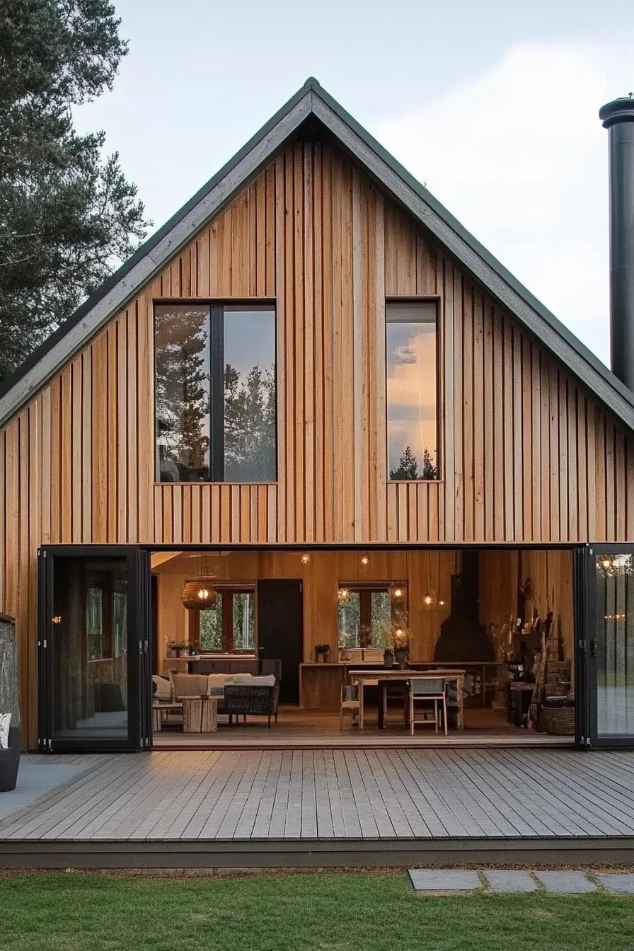 Wood-paneled barn house with open doors