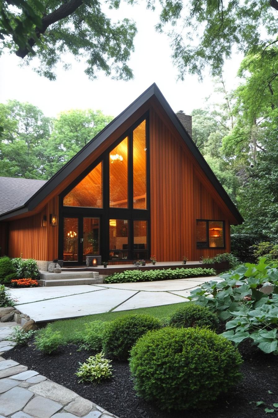 Warm, glowing A-frame house nestled in lush greenery